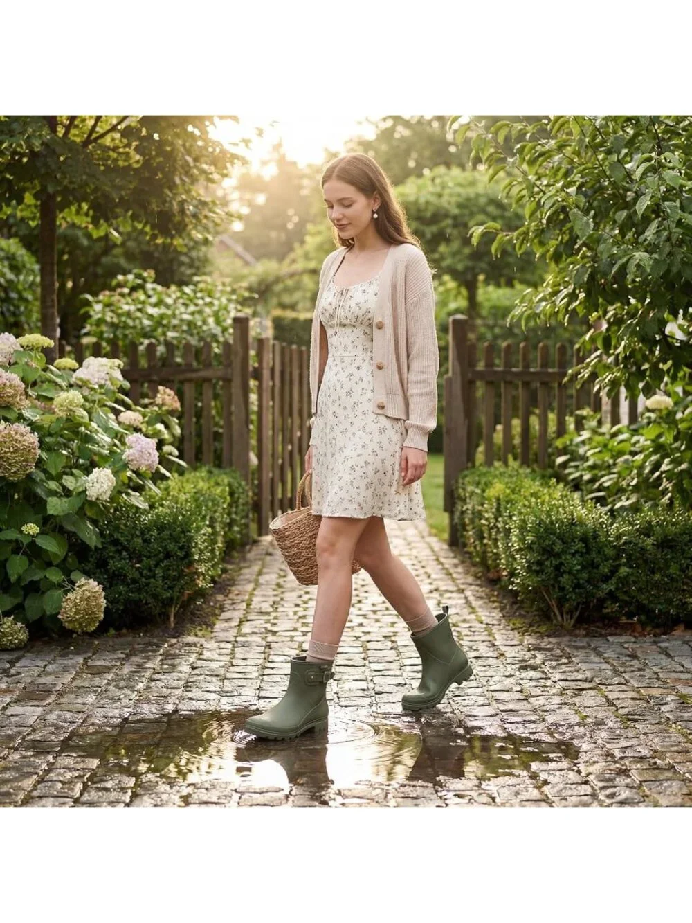 Women's Green Ankle Rubber Non-Slip Mud Lightweight Waterproof Short Rain Boots